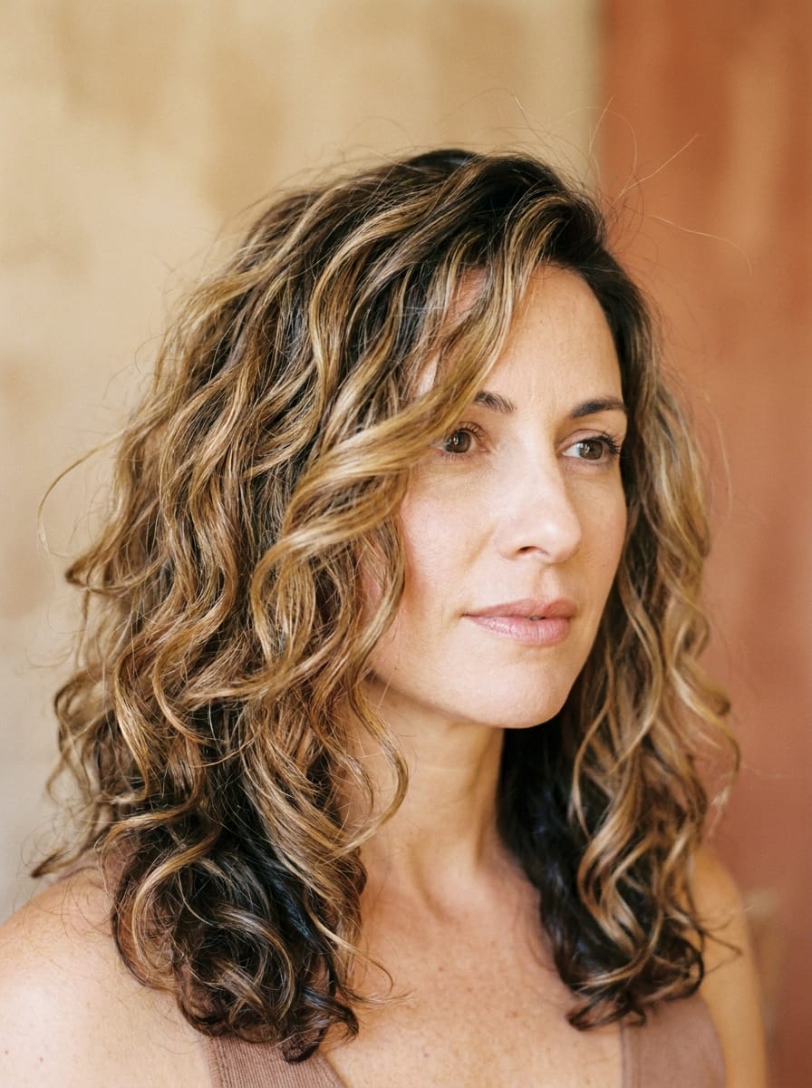 Schulterlange Locken mit sanftem Balayage - Locken Frisur mittellang